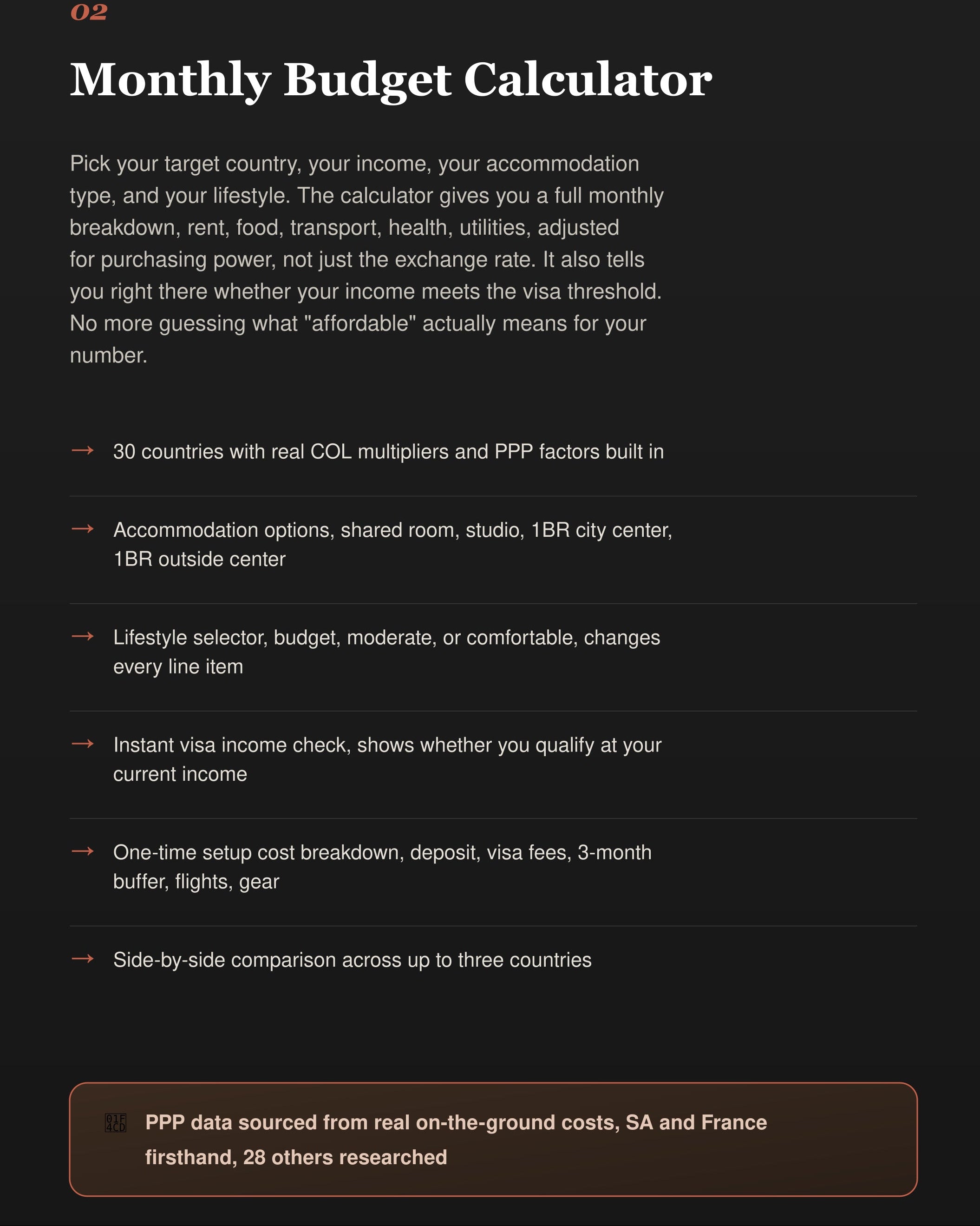 Text description of a monthly budget calculator with features and benefits on a black background.