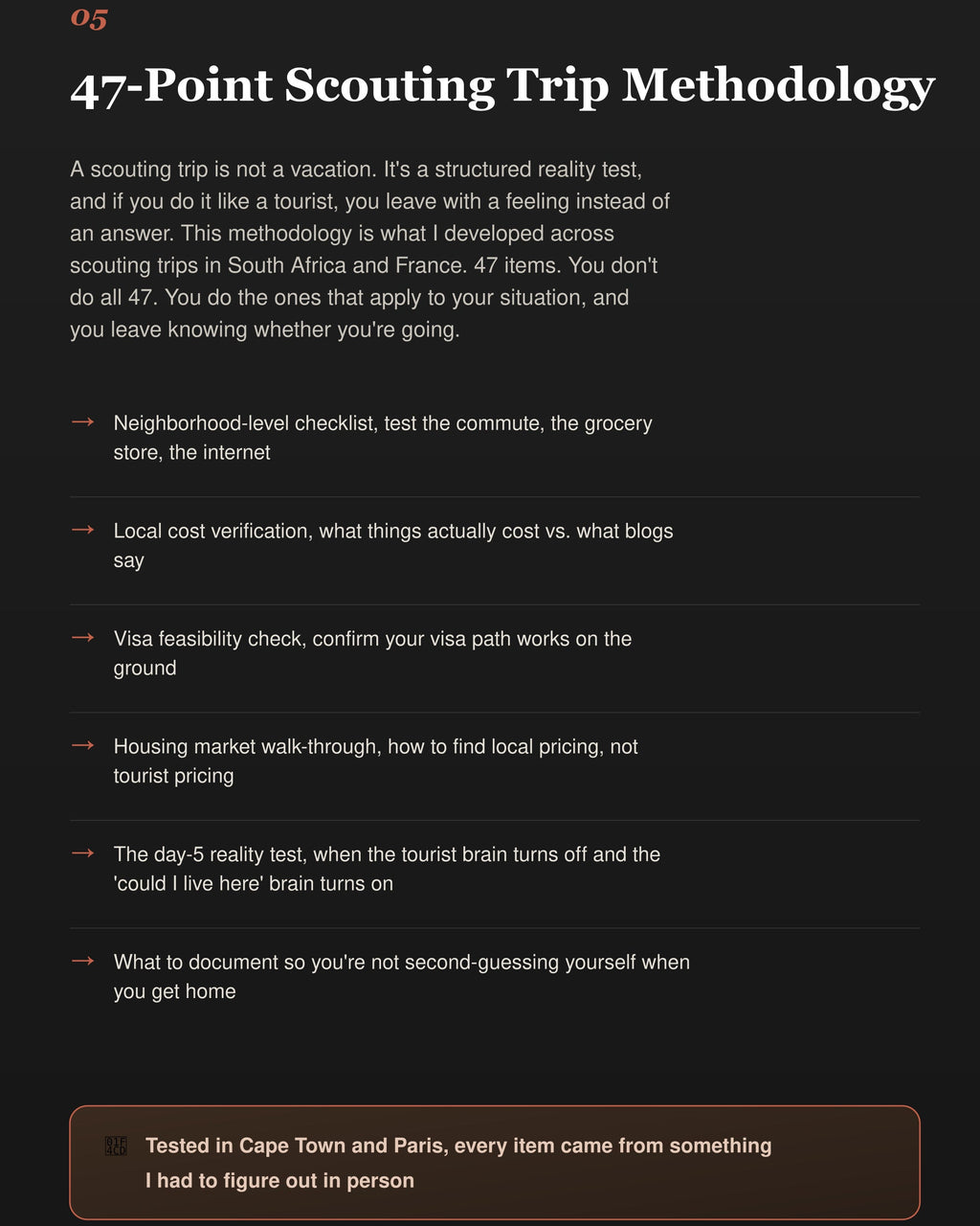 47-point scouting trip methodology list on a black background