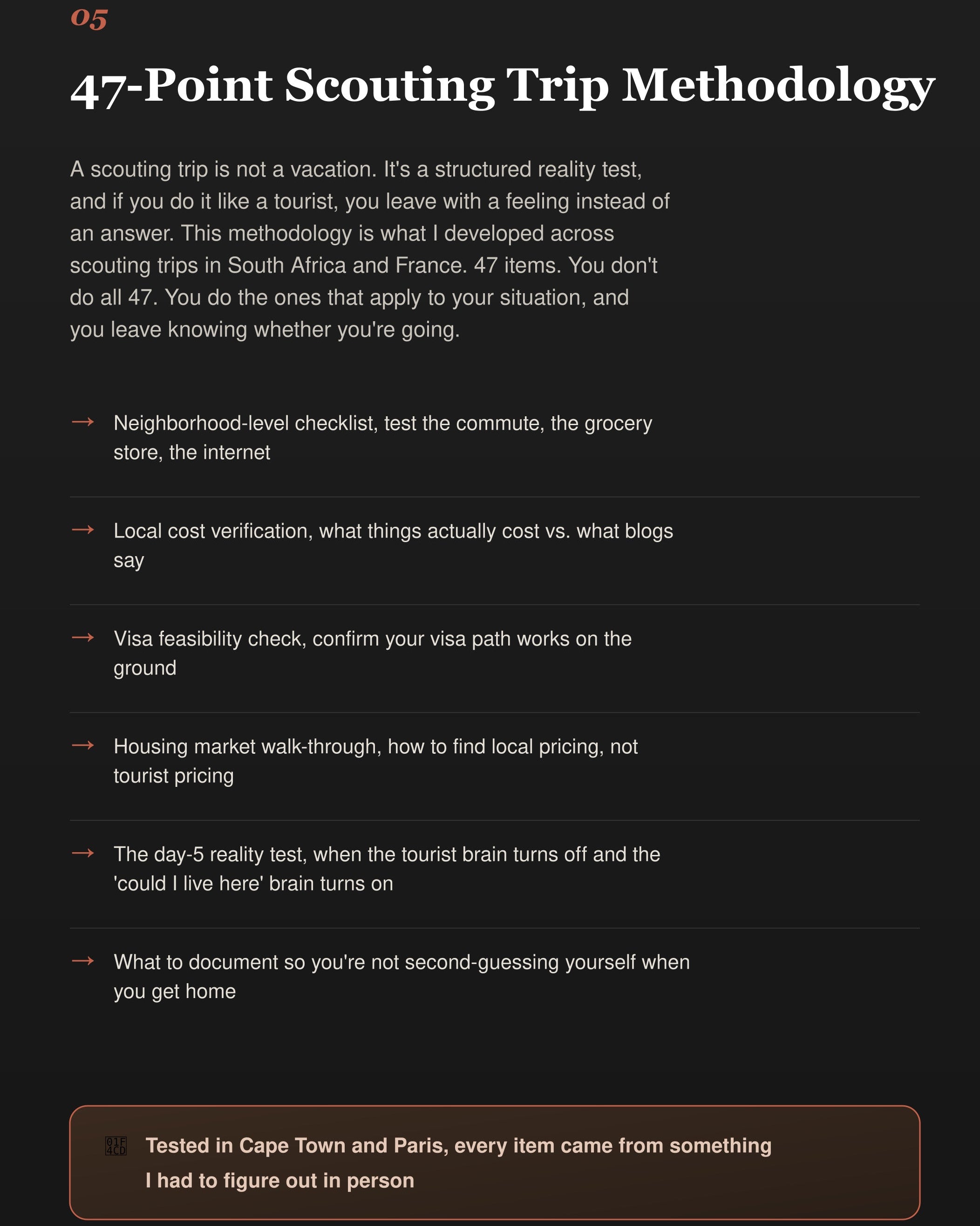 47-point scouting trip methodology list on a black background