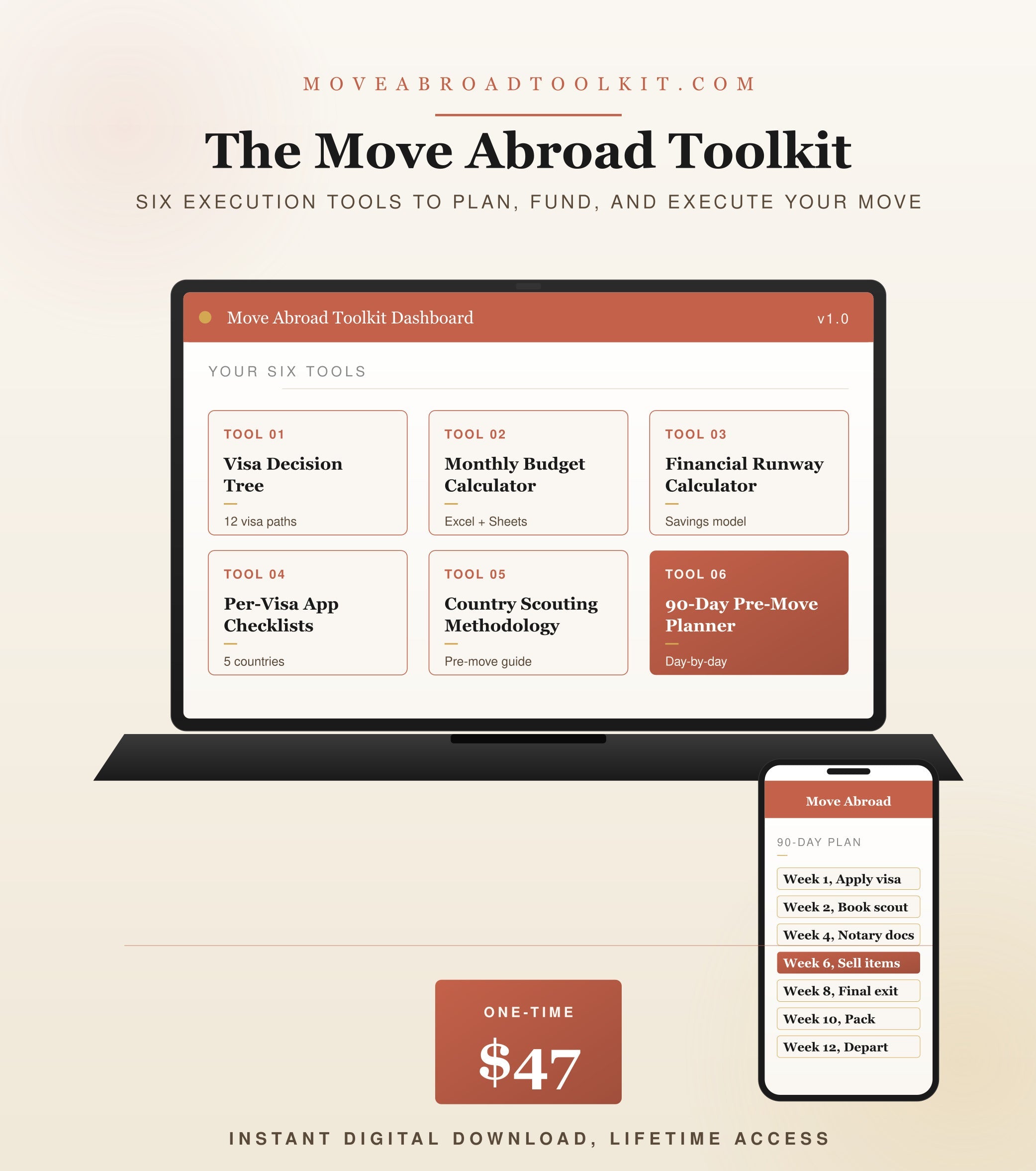 Move Abroad Toolkit with digital download options on a beige background
