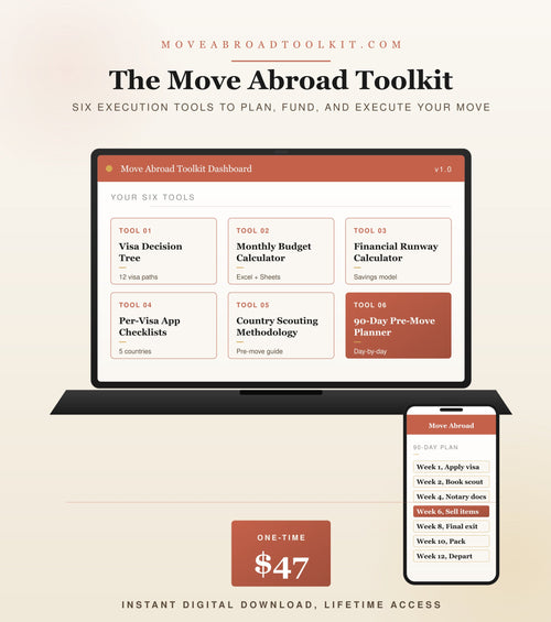 Move Abroad Toolkit with digital download options on a beige background